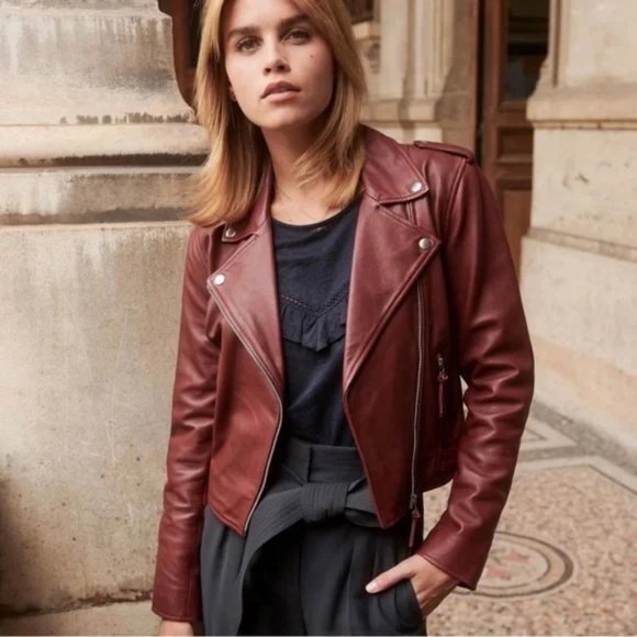Sezane Jackets & Blazers - Sezane Zig Leather Perfecto in Burgundy size 4 (FR 36)
